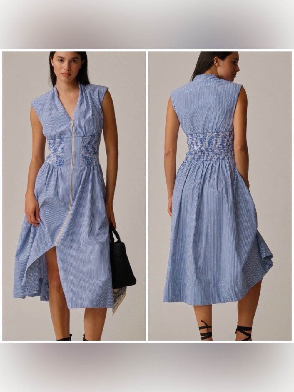 Anthropologie The Tommie Cap-Sleeve Smocked Front-Zip Shirt Dress Micro Studs M